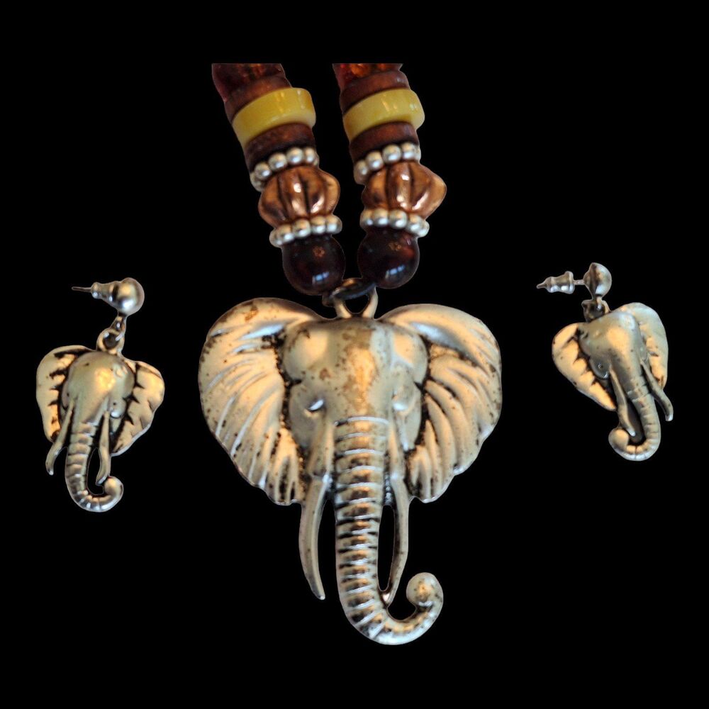 Elephant Head Statement Piece Necklace and Earrings Set Safari Bama Pride - Picture 3 of 12